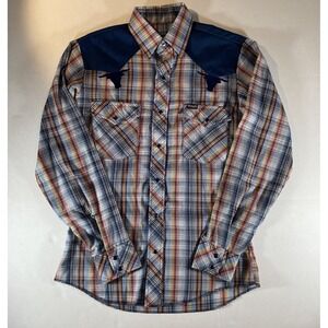 Vtg 70s Wrangler Western Pearl Snap Made in USA Plaid Rodeo with Bull Applique